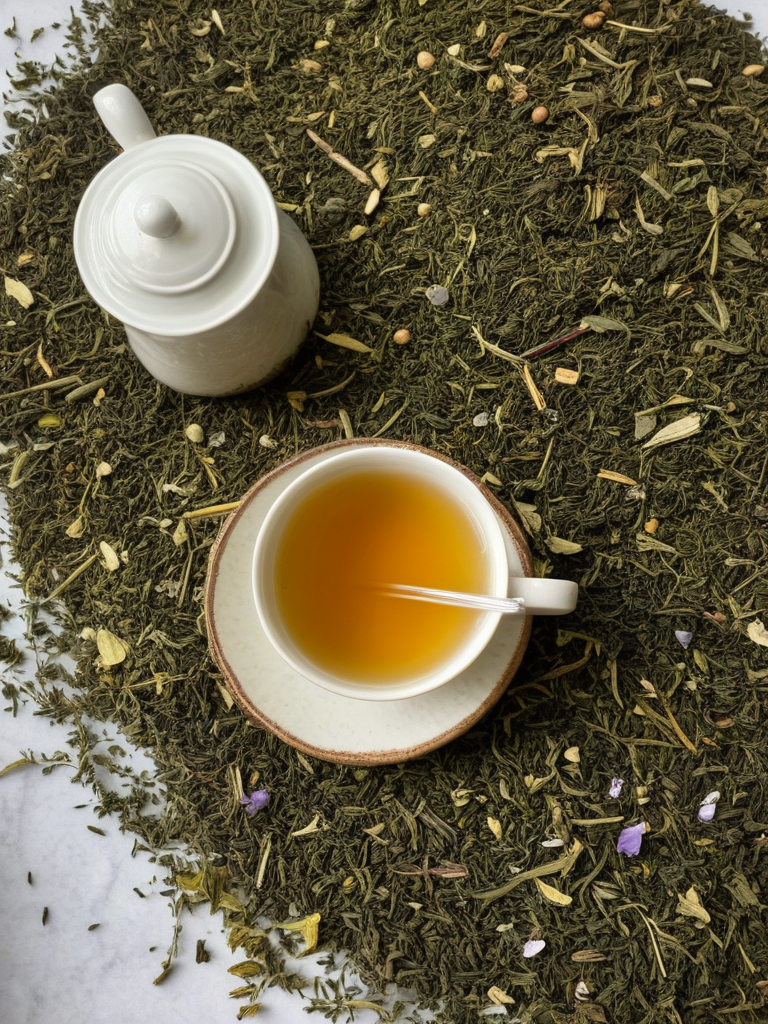 Une main tenant une tasse de tisane devant un fond flou